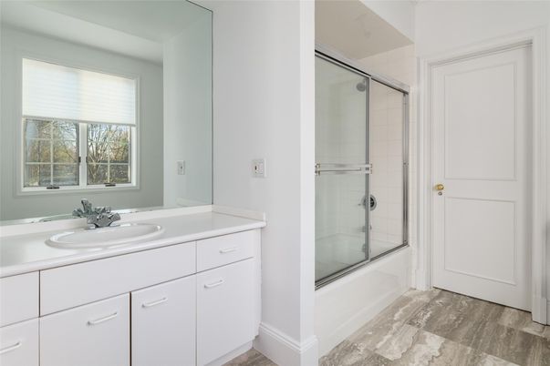 Bathroom, Glass Shower, Interior, Wood Texture Flooring