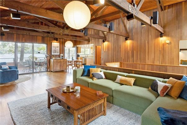Dining room, Interior, Living room, Pendant Lights, Wooden Beams, Wooden Ceilings, Wood Texture Flooring, Wooden Walls