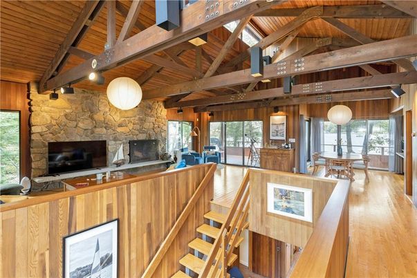 Fireplace, Interior, Pendant Lights, Stone Walls, Wooden Beams, Wooden Ceilings, Wood Texture Flooring, Wooden Walls