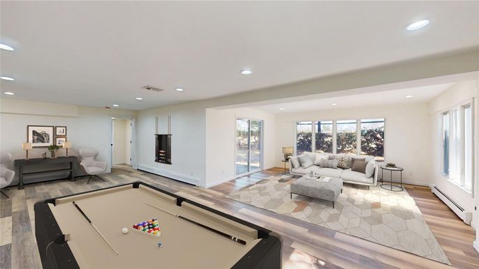 Billiard Table, Fireplace, Game Room, Interior, Living room, Recessed Lighting, Wood Texture Flooring