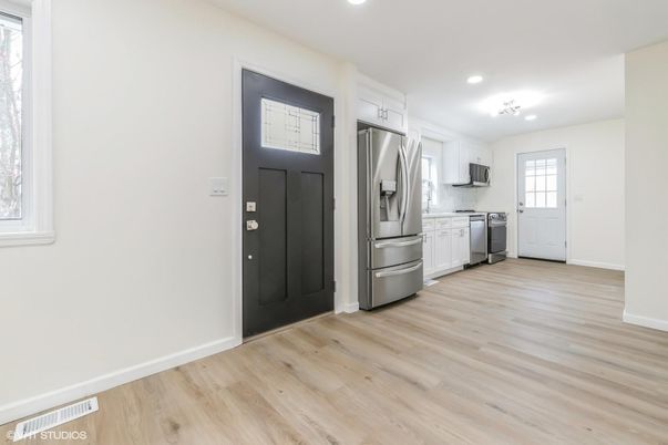 Interior, Kitchen, Recessed Lighting, Stainless Steel Appliances, Wood Texture Flooring