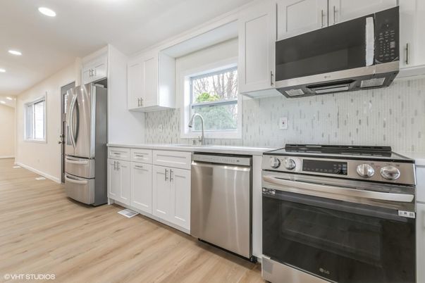 Interior, Kitchen, Recessed Lighting, Stainless Steel Appliances, Wood Texture Flooring