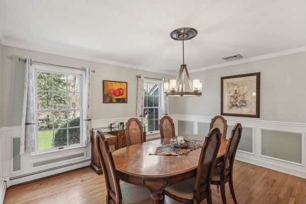 Chandelier, Dining room, Interior, Pendant Lights, Wood Texture Flooring