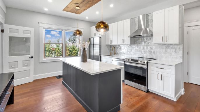 Interior, Kitchen, Pendant Lights, Recessed Lighting, Stainless Steel Appliances, Wood Texture Flooring