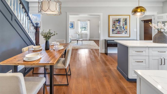 Dining room, Interior, Pendant Lights, Wood Texture Flooring