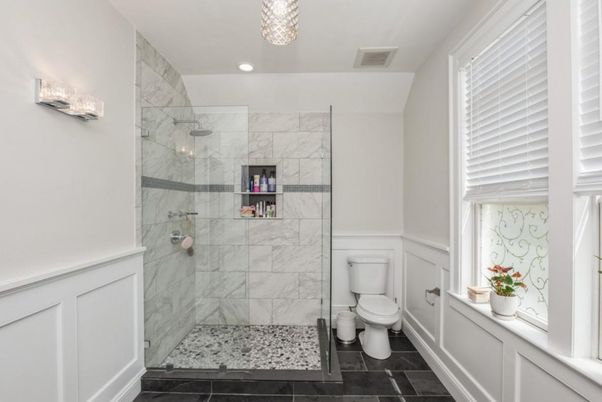 Bathroom, Glass Shower, Interior, Marble Walls, Recessed Lighting