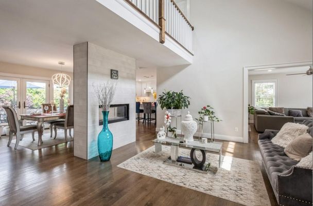 Dining room, Fireplace, Interior, Living room, Pendant Lights, Wood Texture Flooring