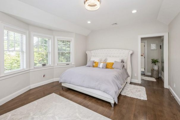 Bedroom, Interior, Recessed Lighting, Wood Texture Flooring