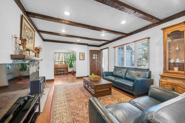 Fireplace, Interior, Living room, Recessed Lighting, Wooden Beams, Wood Texture Flooring