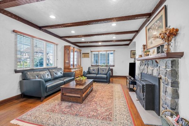 Fireplace, Interior, Living room, Recessed Lighting, Wooden Beams, Wood Texture Flooring