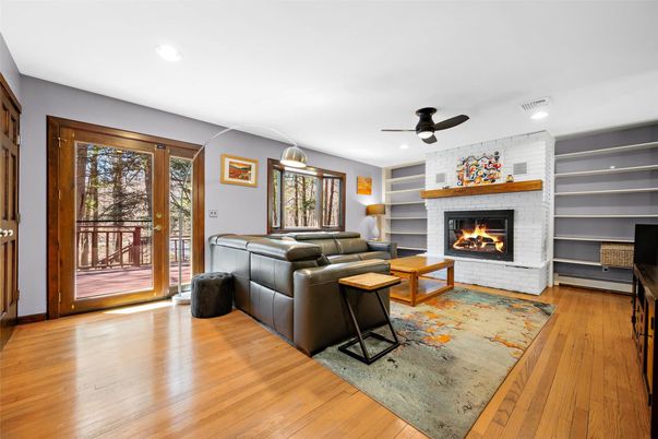 Fireplace, Interior, Living room, Recessed Lighting, Wood Texture Flooring