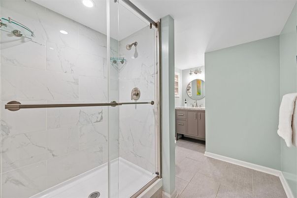 Bathroom, Glass Shower, Interior, Marble Walls, Recessed Lighting