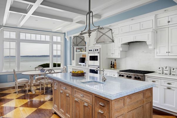 Dining room, Interior, Kitchen, Pendant Lights, Recessed Lighting, Stainless Steel Appliances, Water, Wood Texture Flooring