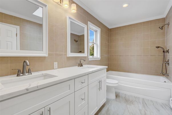 Bathroom, Dual Sink Vanities, Interior, Marble, Recessed Lighting