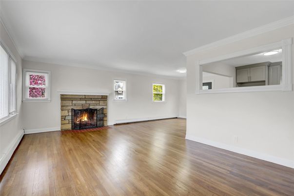 Empty room, Fireplace, Interior, Recessed Lighting, Wood Texture Flooring
