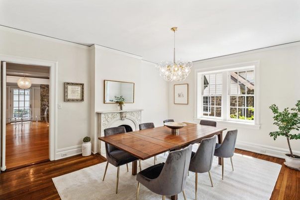 Chandelier, Dining room, Fireplace, Interior, Pendant Lights, Wood Texture Flooring