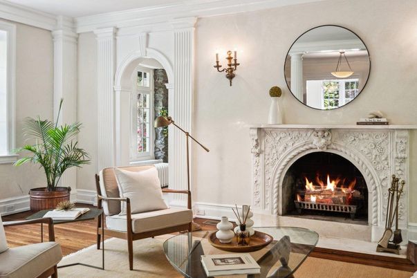Fireplace, Interior, Pendant Lights, Wood Texture Flooring