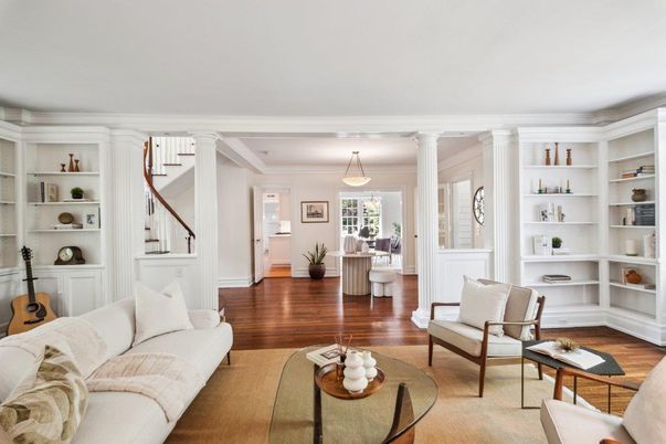 Dining room, Interior, Living room, Pendant Lights, Wood Texture Flooring