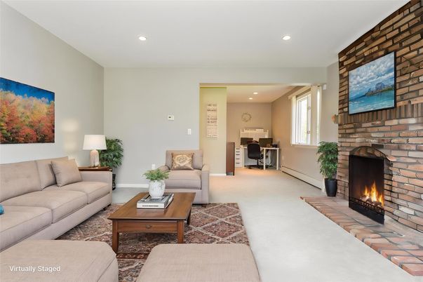 Fireplace, Interior, Living room, Recessed Lighting, Stone Walls