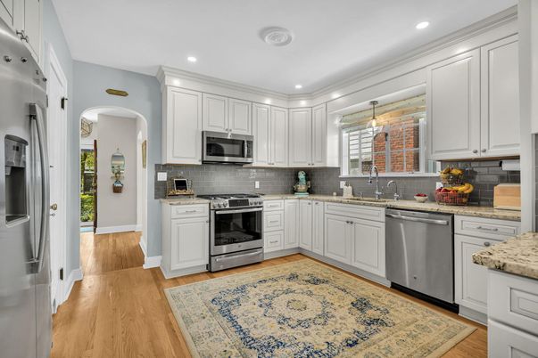 Interior, Kitchen, Pendant Lights, Recessed Lighting, Stainless Steel Appliances, Wood Texture Flooring