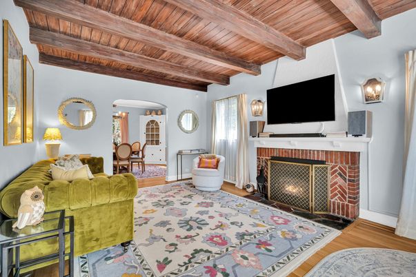 Dining room, Fireplace, Interior, Living room, Wooden Beams, Wooden Ceilings, Wood Texture Flooring