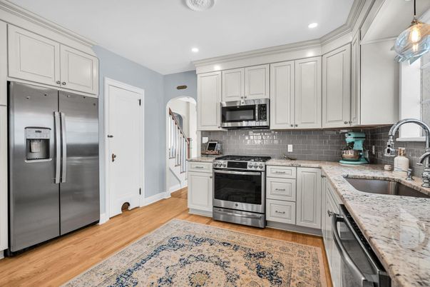 Interior, Kitchen, Pendant Lights, Recessed Lighting, Stainless Steel Appliances, Wood Texture Flooring