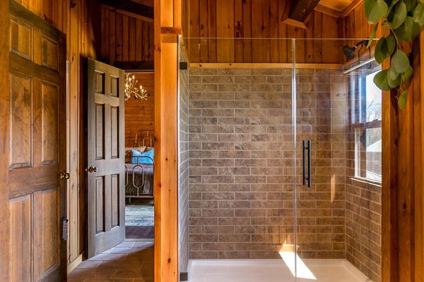 Bathroom, Glass Shower, Interior, Stone Walls, Wooden Walls