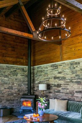 Chandelier, Fireplace, Interior, Stone Walls, Wooden Beams, Wooden Walls