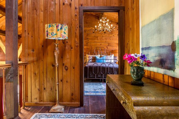 Bedroom, Chandelier, Interior, Wood Texture Flooring, Wooden Walls