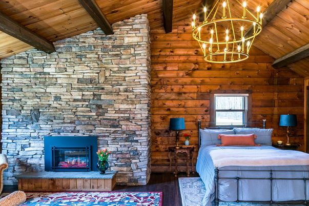 Bedroom, Fireplace, Interior, Stone Walls, Wooden Beams, Wooden Ceilings, Wood Texture Flooring, Wooden Walls
