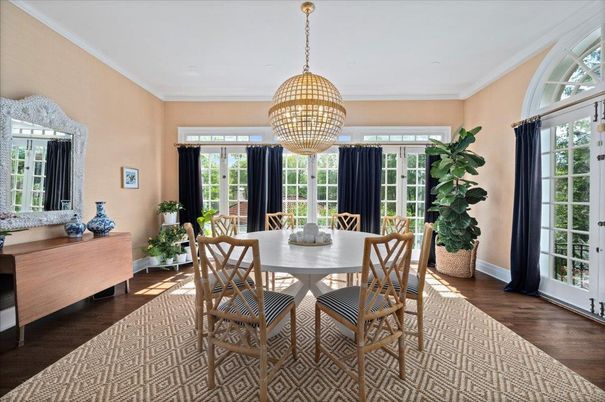 Dining room, Interior, Pendant Lights, Wood Texture Flooring