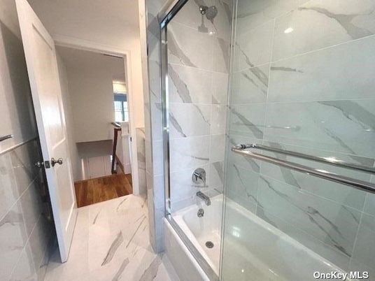 Bathroom, Glass Shower, Interior, Marble, Marble Walls, Wood Texture Flooring