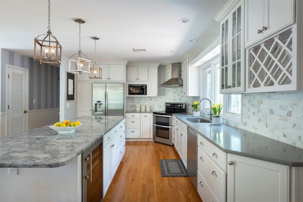 Interior, Kitchen, Pendant Lights, Recessed Lighting, Stainless Steel Appliances, Wood Texture Flooring