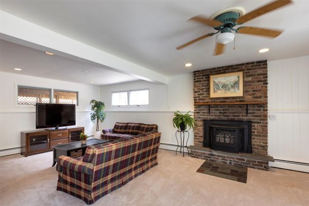 Fireplace, Interior, Living room, Recessed Lighting, Stone Walls