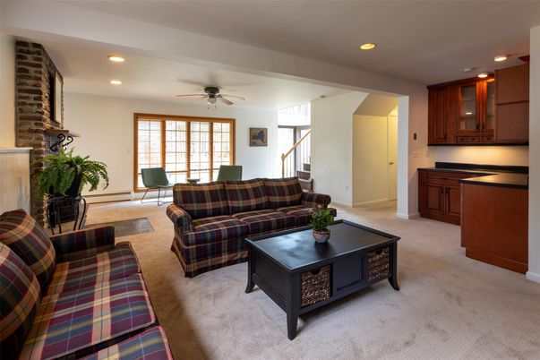 Fireplace, Interior, Living room, Recessed Lighting, Stone Walls