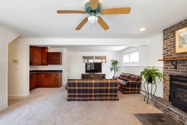 Fireplace, Interior, Living room, Recessed Lighting, Stone Walls