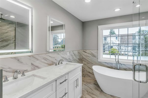 Bathroom, Dual Sink Vanities, Free Standing Baths, Glass Shower, Interior, Marble, Marble Walls, Recessed Lighting