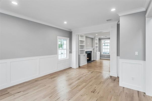 Empty room, Fireplace, Interior, Recessed Lighting, Wood Texture Flooring
