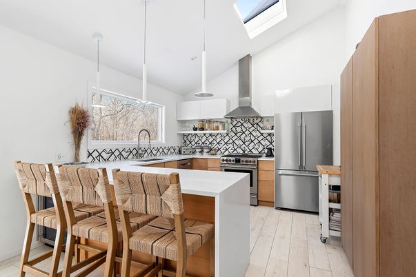 Interior, Kitchen, Pendant Lights, Stainless Steel Appliances, Wood Texture Flooring