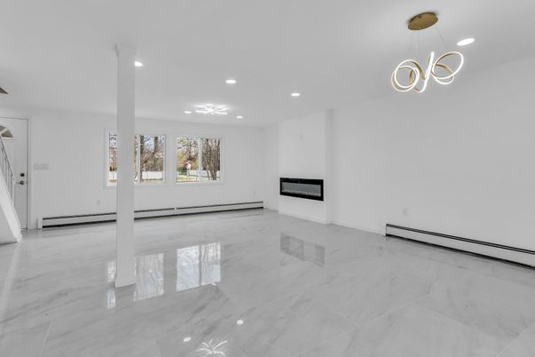 Empty room, Fireplace, Interior, Marble, Pendant Lights, Recessed Lighting