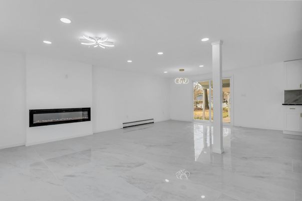 Empty room, Fireplace, Interior, Marble, Recessed Lighting
