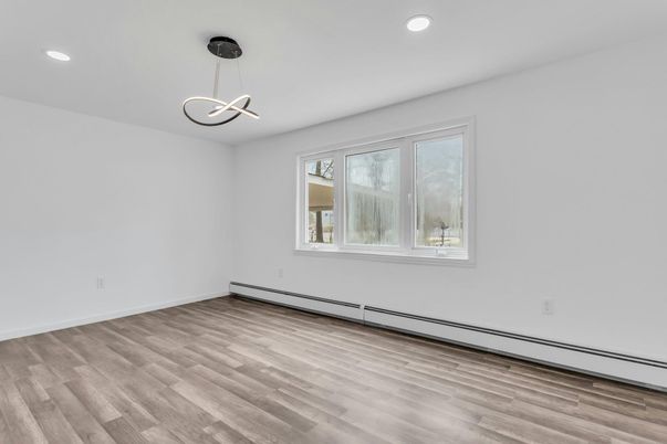 Empty room, Interior, Pendant Lights, Recessed Lighting, Wood Texture Flooring