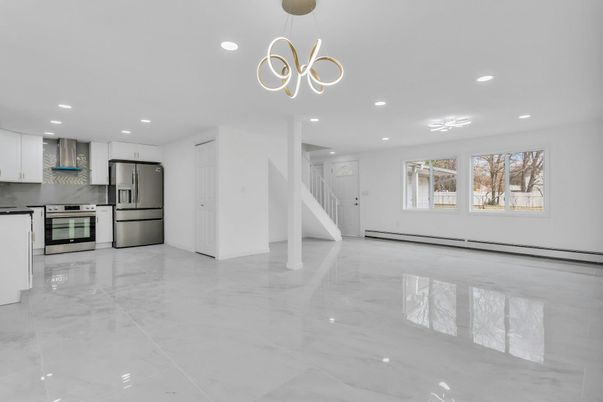 Interior, Kitchen, Marble, Pendant Lights, Recessed Lighting, Stainless Steel Appliances