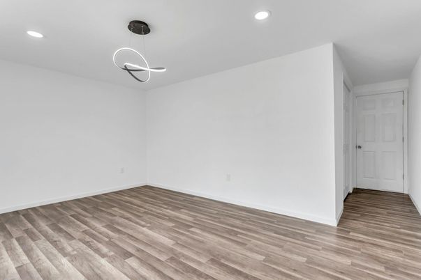 Empty room, Interior, Pendant Lights, Recessed Lighting, Wood Texture Flooring