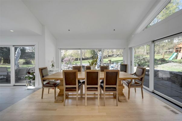 Dining room, Interior, Recessed Lighting, Wood Texture Flooring