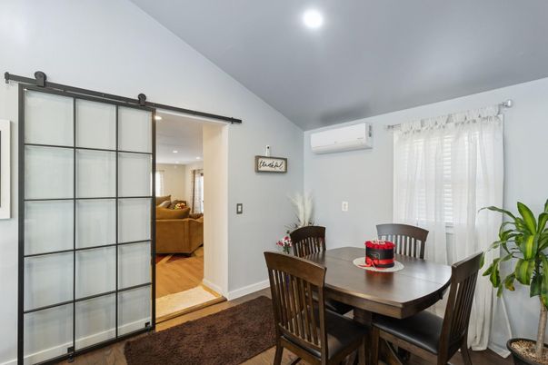 Dining room, Interior, Recessed Lighting, Wood Texture Flooring