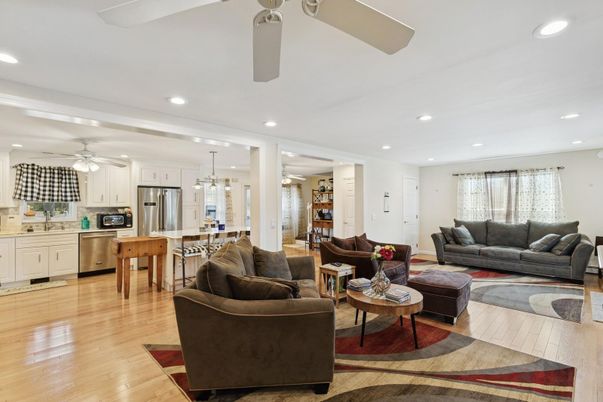 Dining room, Interior, Kitchen, Living room, Pendant Lights, Recessed Lighting, Stainless Steel Appliances, Wood Texture Flooring