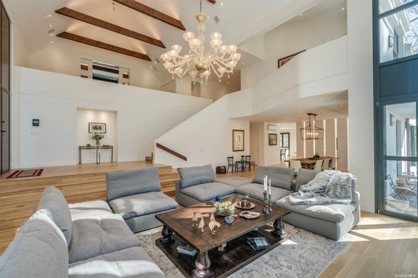 Chandelier, Dining room, Interior, Living room, Recessed Lighting, Wooden Beams, Wood Texture Flooring
