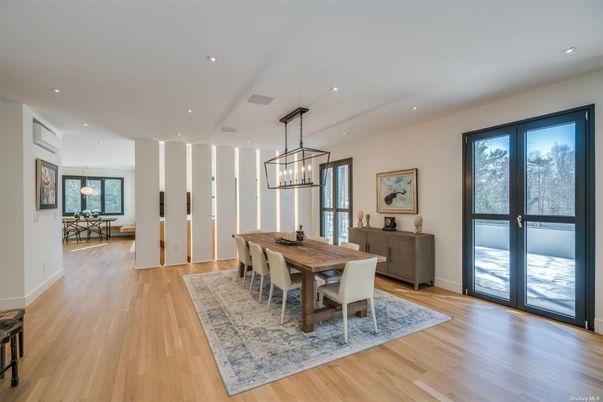 Dining room, Interior, Pendant Lights, Recessed Lighting, Wood Texture Flooring