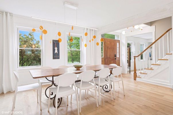 Dining room, Interior, Pendant Lights, Wood Texture Flooring